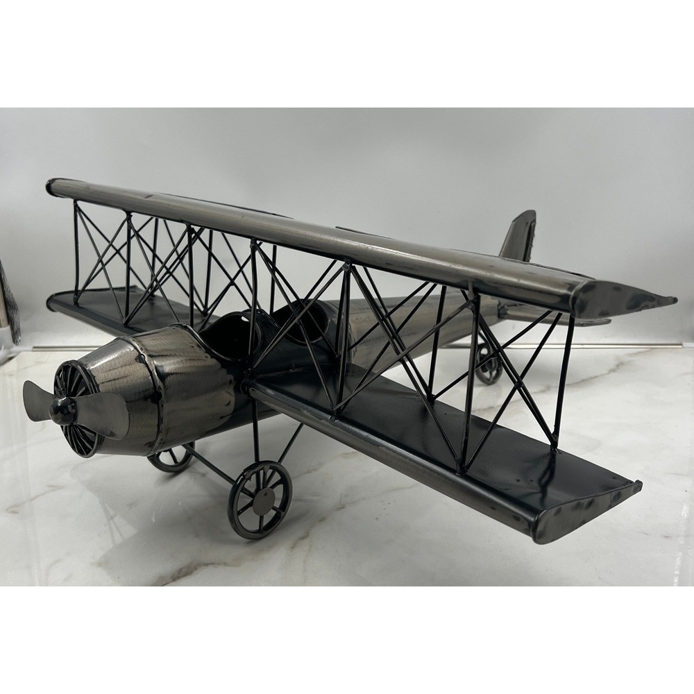 Vintage Style Metal Biplane Sculpture Industrial Aviation Decor 21 Inch Long